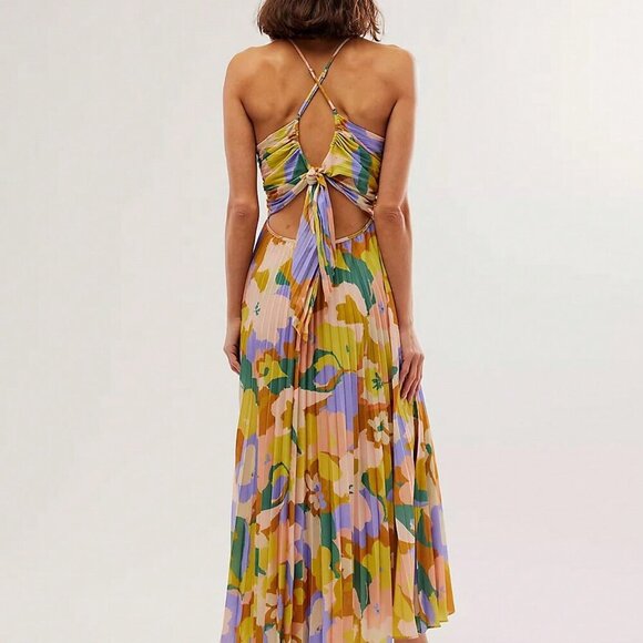 Yellow Boho Women's Floral Print Pleated Spaghetti Strap Sexy V-Neck Sundress - Picture 8 of 8